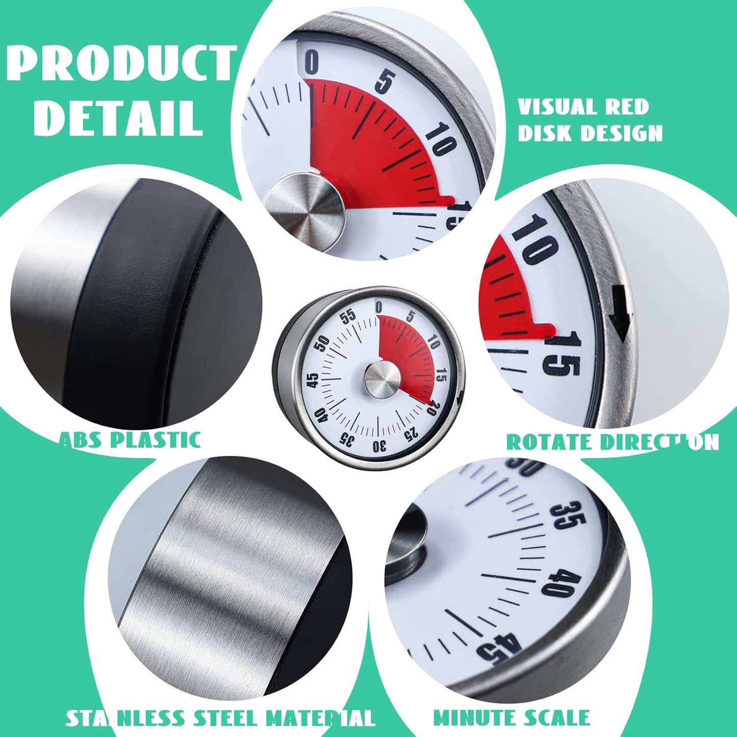 Mechanical Kitchen Timer - Magnetic, Visual, Stainless Steel - No Battery Required