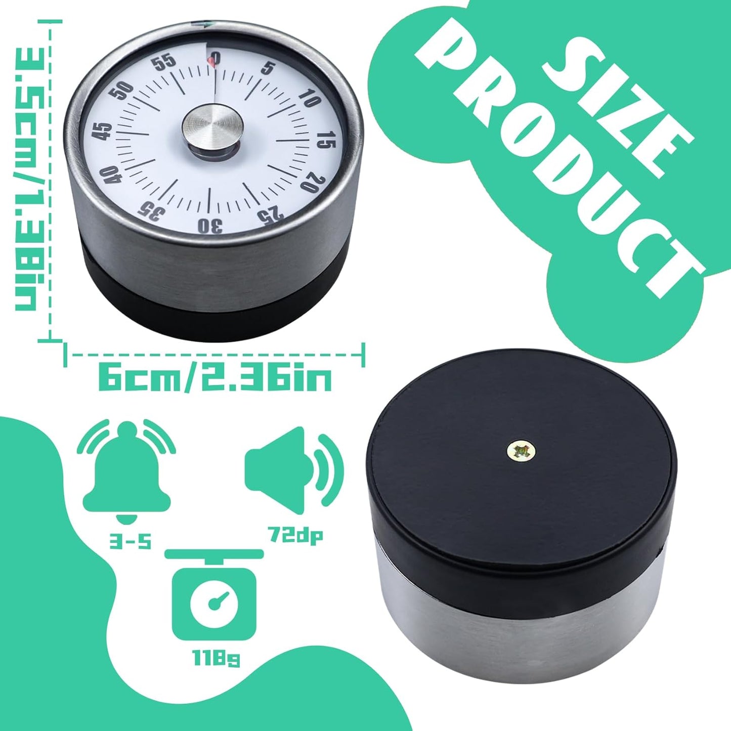 Mechanical Kitchen Timer - Magnetic, Visual, Stainless Steel - No Battery Required