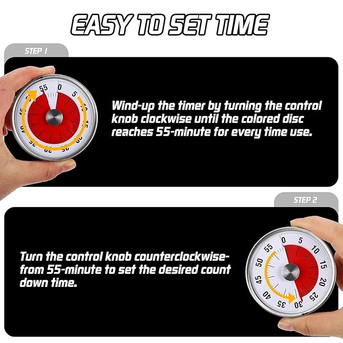 Mechanical Kitchen Timer - Magnetic, Visual, Stainless Steel - No Battery Required