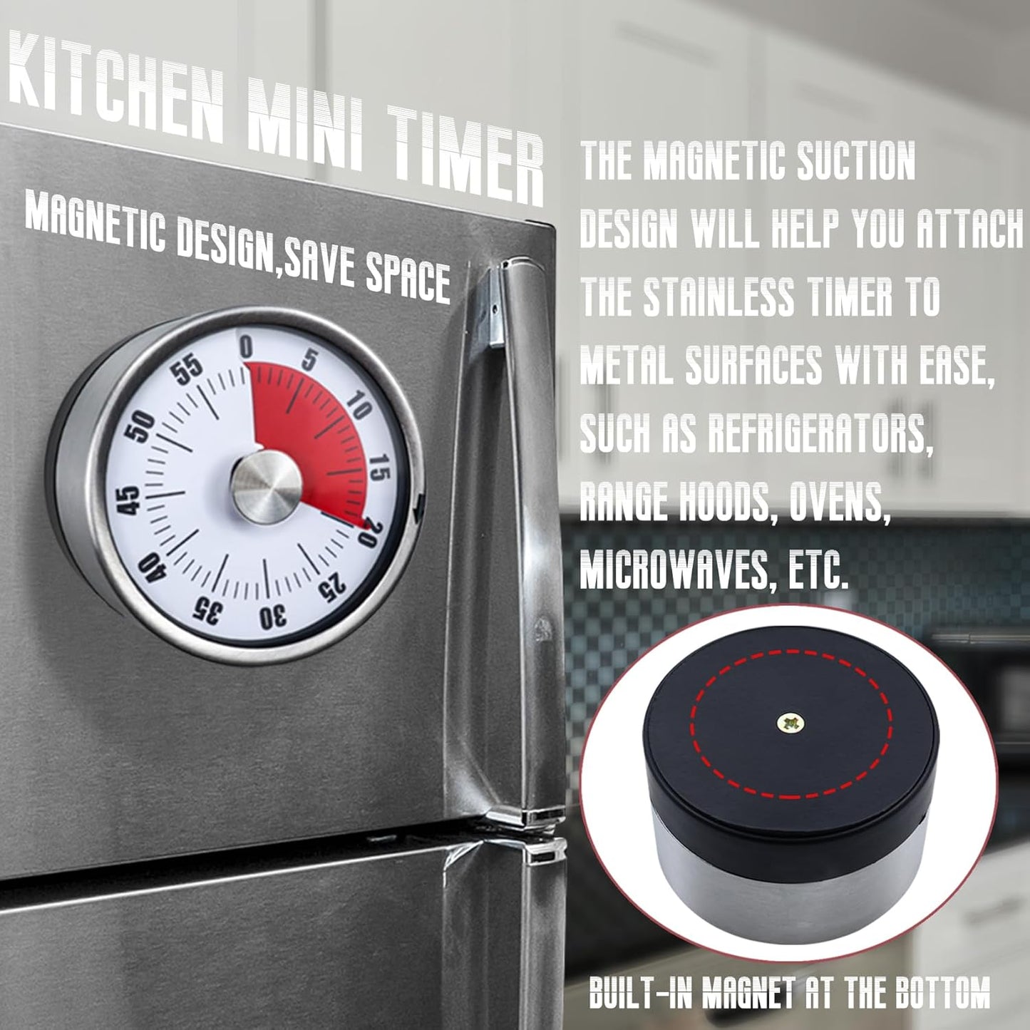 Mechanical Kitchen Timer - Magnetic, Visual, Stainless Steel - No Battery Required