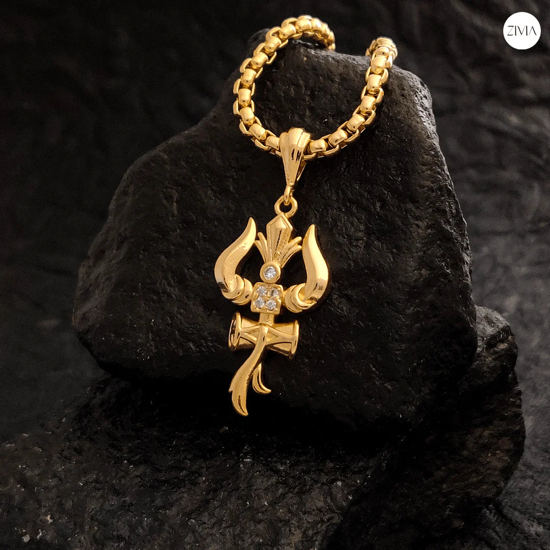 Premium Trishul Om and Damru Pendant with Chain